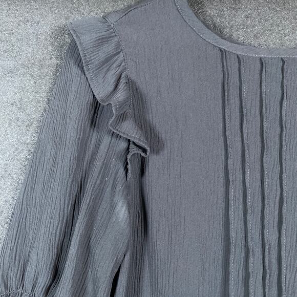 LOFT Womens Blouse Black Pleated Front 3/4 Flared Sleeve Ruffles Stretch Small - Picture 3 of 14